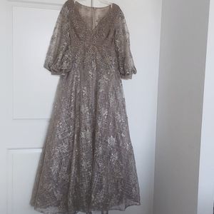 New Mac Duggal Sequin Lace Embroidery champagne colored A-line gown